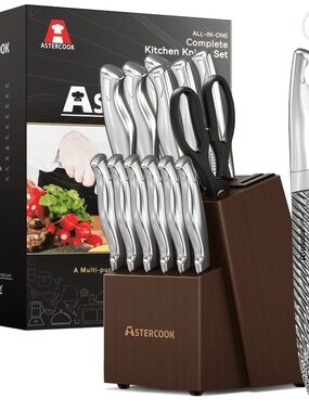 AsterCook 12-Piece Silver Knife Set with Brown Wooden Block